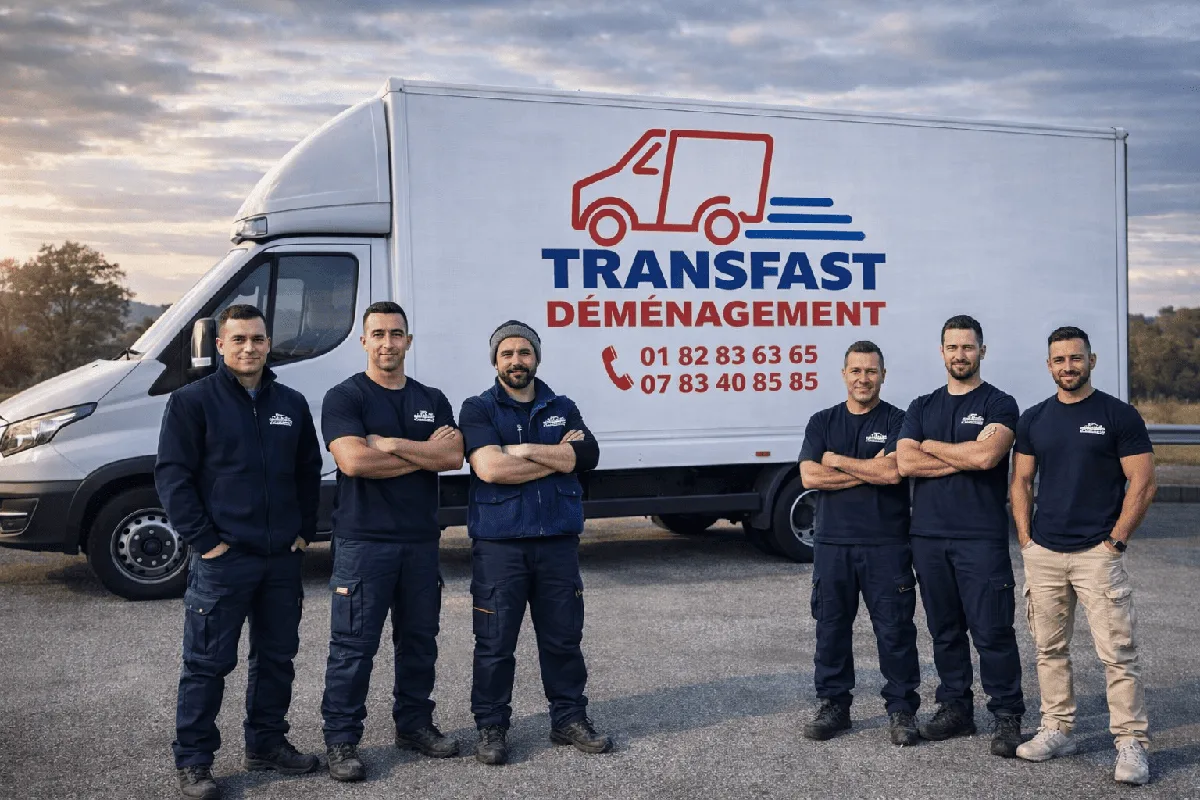 Équipe de déménageurs professionnels TRANSFAST DÉMÉNAGEMENT devant leur camion