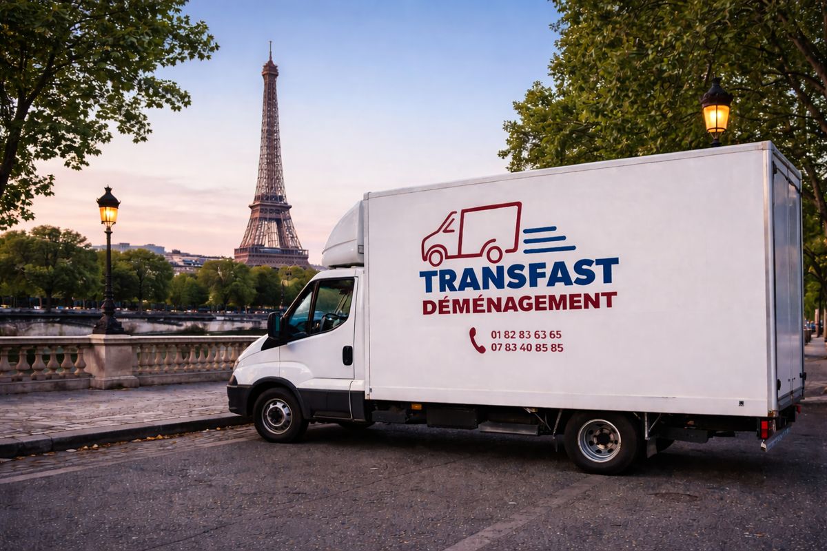 Camion TRANSFAST DÉMÉNAGEMENT devant la Tour Eiffel - Déménagement Paris Île-de-France